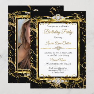 Invitation Elégante Gold Black Diamond Photo Anniversaire