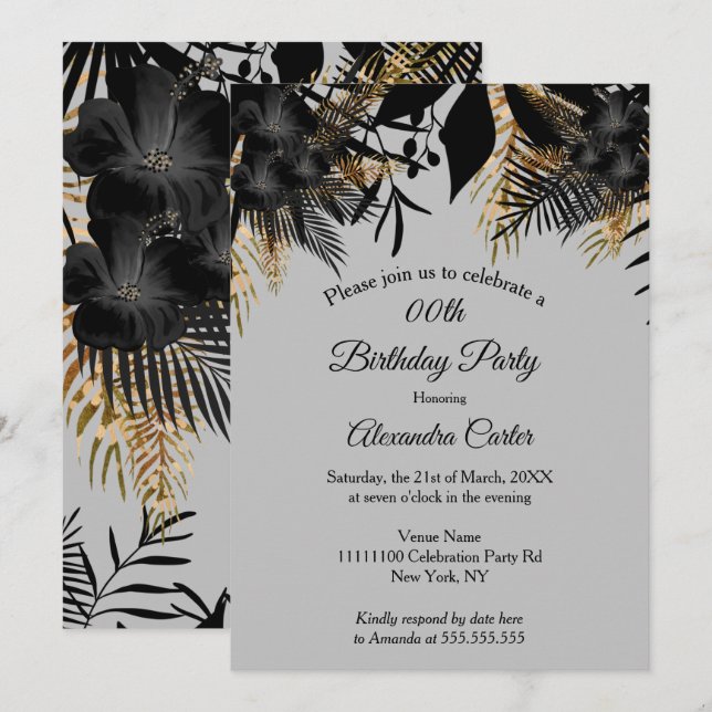 Invitation Elégante Gold Black Grey Floral fête d'anniversair (Devant / Derrière)
