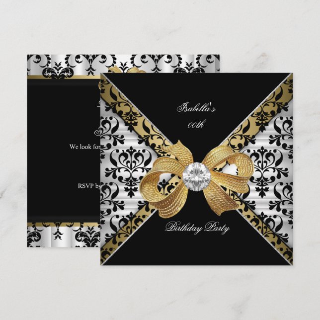 Invitation Elégante Gold Black White Damask Diamond Party (Devant / Derrière)