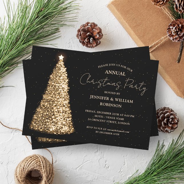 Invitation Elégante Gold Black Xmas Tree Fête de Noël (Elegant Gold Black Xmas Tree Sparkle Holiday Party Invitation)