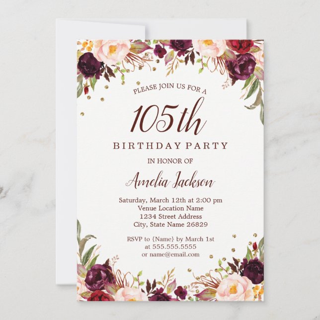 Invitation Elégante Gold Burgundy Floral 105e fête d'annivers (Devant)