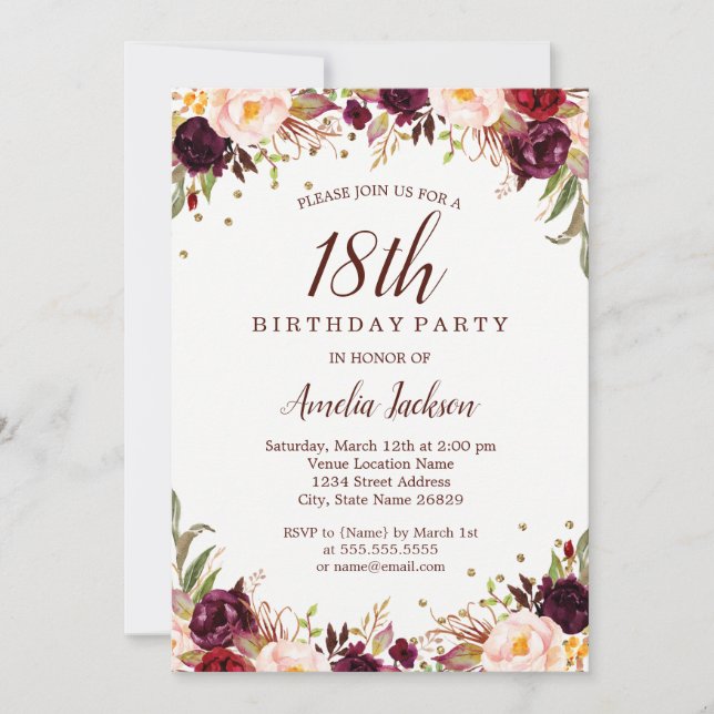 Invitation Elégante Gold Burgundy Floral 18e fête d'anniversa (Devant)