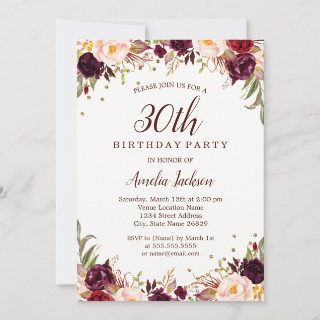 Invitation Elégante Gold Burgundy Floral 30e fête d'anniversa (Devant)