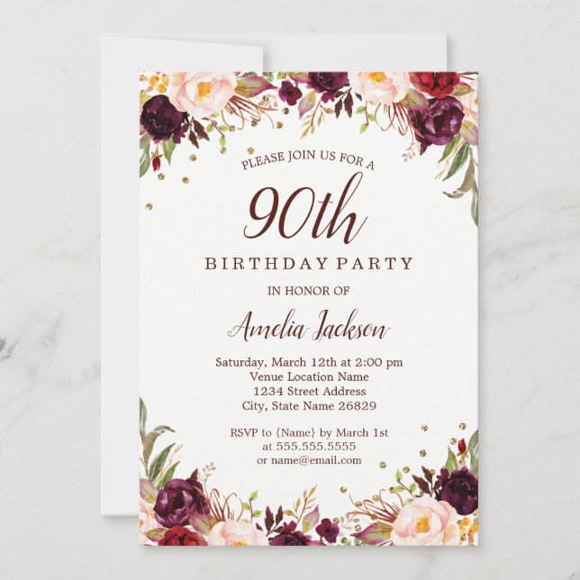 Invitation Elégante Gold Burgundy Floral 90e fête d'anniversa (Devant)