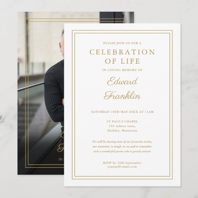 Invitation Elégante Gold Célébration Of Life Funeral Photo (Devant / Derrière)