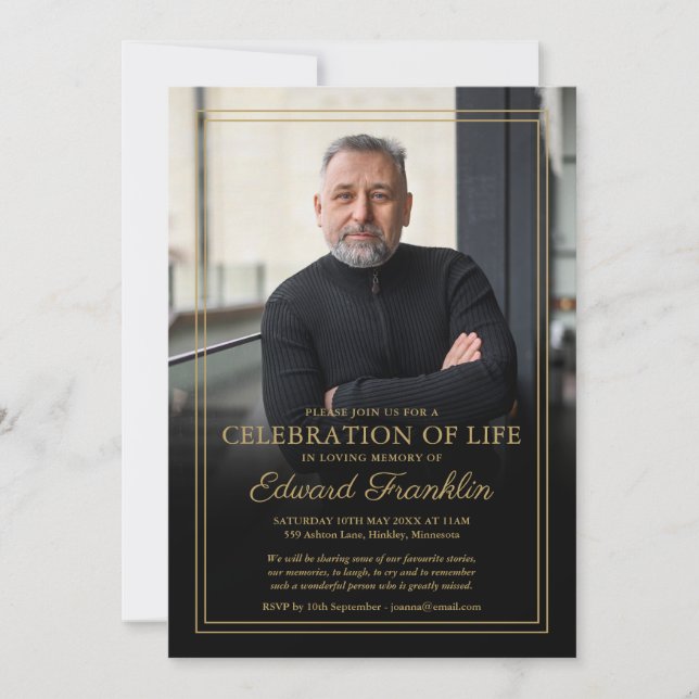 Invitation Elégante Gold Célébration Of Life Funeral Photo (Devant)