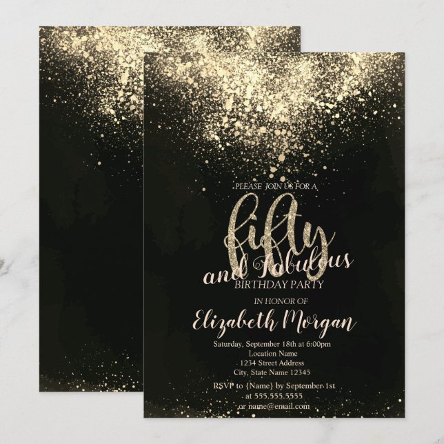 Invitation Elégante Gold Confetti 50ème anniversaire fête (Devant / Derrière)