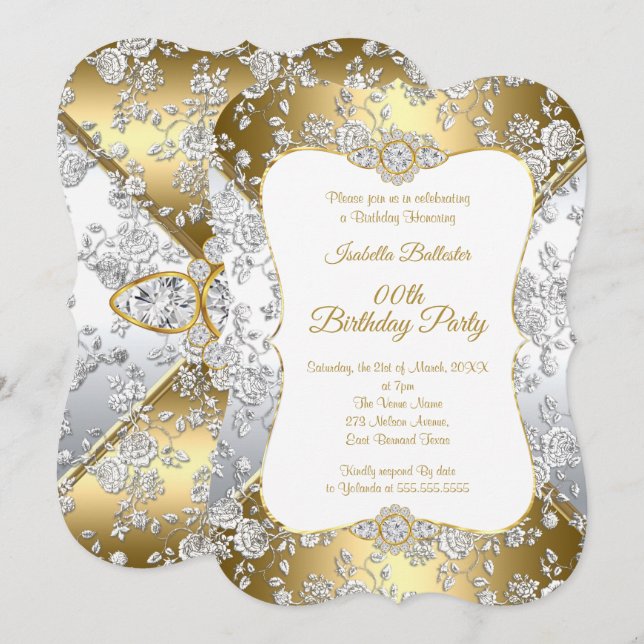 Invitation Elégante Gold Damask Argent Rose fête d'anniversai (Devant / Derrière)