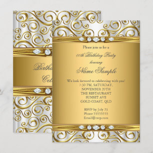 Invitation Elégante Gold Damask White Diamond Anniversaire Pa