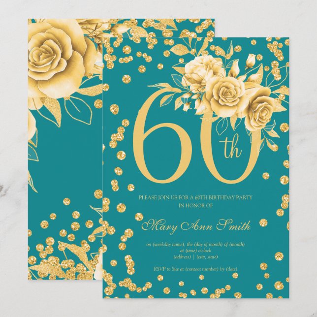 Invitation Elégante Gold Floral 60e fête d'anniversaire Turqu (Devant / Derrière)