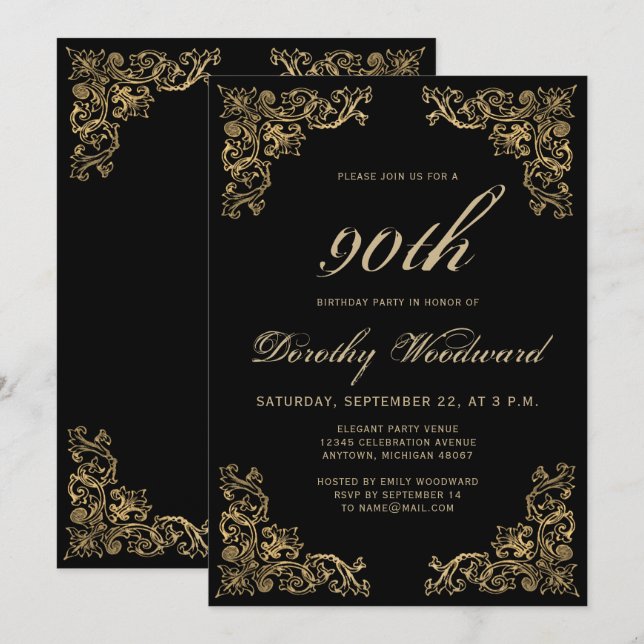 Invitation Elégante Gold Frame Black Birthday Party (Devant / Derrière)