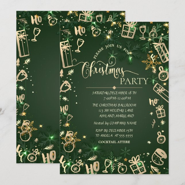 Invitation Elégante Gold Green Holiday Christmas Company (Devant / Derrière)