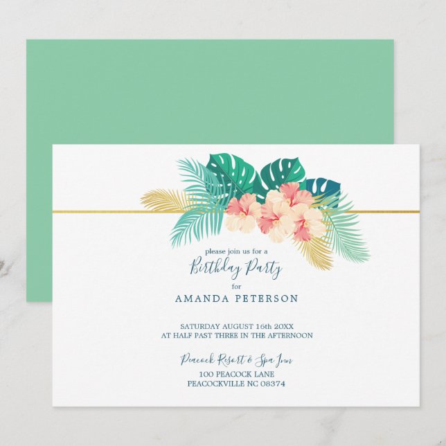 Invitation Elégante Gold Hawaiian Hibiscus fête d'anniversair (Devant / Derrière)