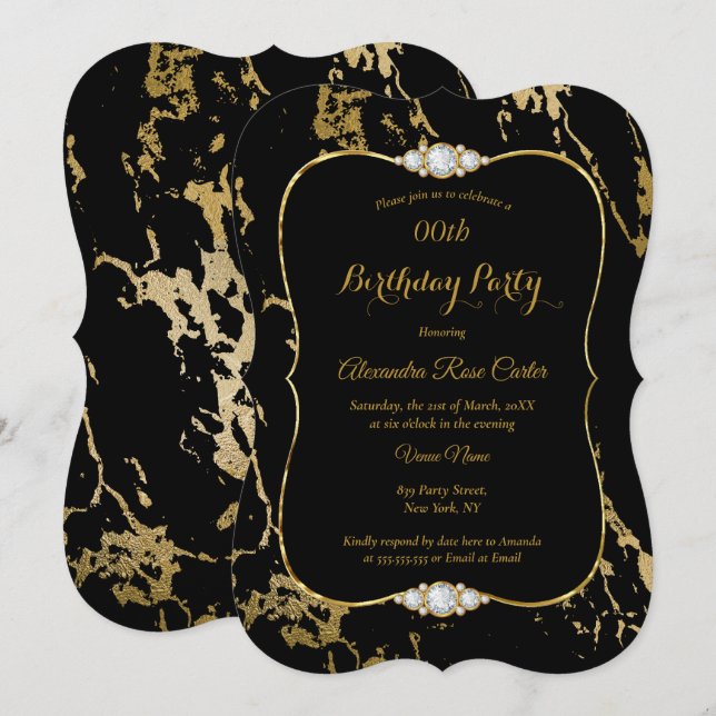 Invitation Elégante Gold Marble Black Diamond Anniversaire (Devant / Derrière)