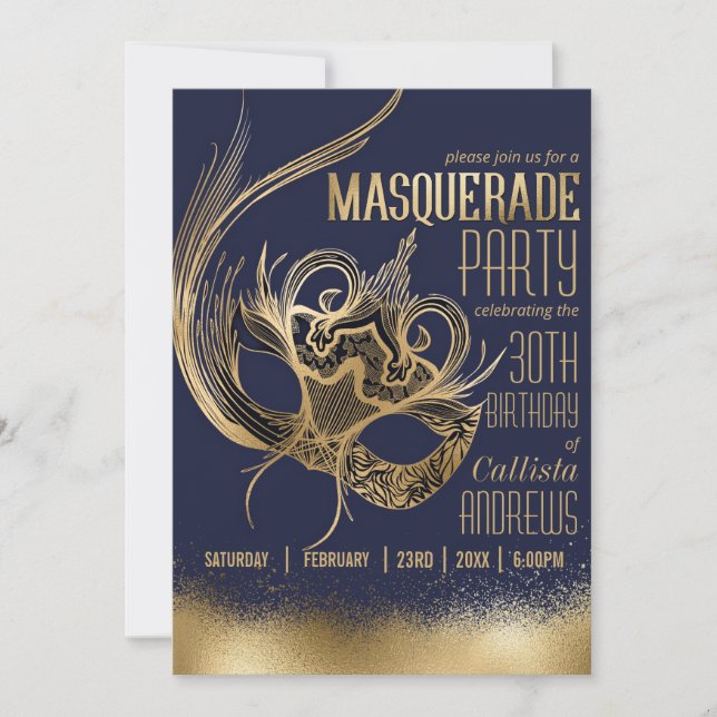 Invitation Elégante Gold Navy Masquerade Masque fête d'annive (Devant)
