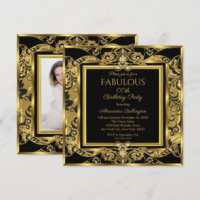 Invitation Elégante Gold Photo fête d'anniversaire Black Flor (Devant / Derrière)