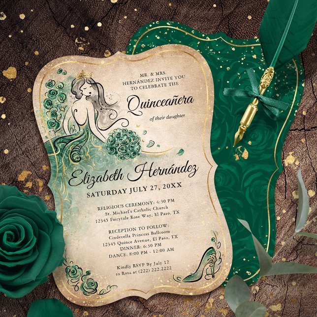 Invitation Elégante Gold Princesse Quinceanera Anniversaire (Unique, downloadable gold and emerald green quinceanera invitations on an editable DIY template.)