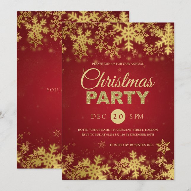 Invitation Elégante Gold & Red Corporate Holiday Party (Devant / Derrière)