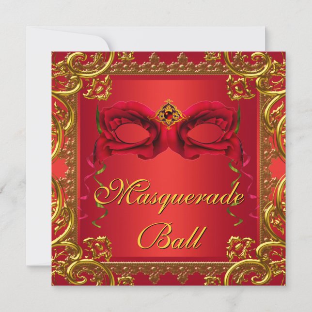 Invitation Elégante Gold Red Mask Red Masquerade Party (Devant)