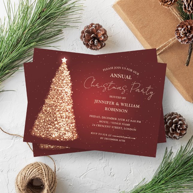 Invitation Elégante Gold Red Xmas Tree Fête de Noël (Elegant Gold Red Xmas Tree Sparkle Holiday Party Invitation)