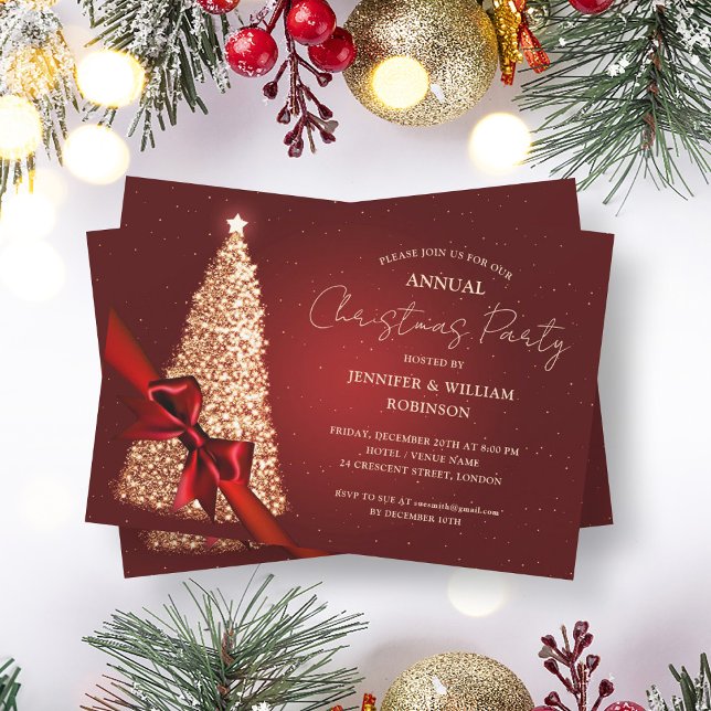 Invitation Élégante Gold Red Xmas Tree Ribbon Fête de vacance (Elegant Gold Red Xmas Tree Ribbon Holiday Party Invitation)
