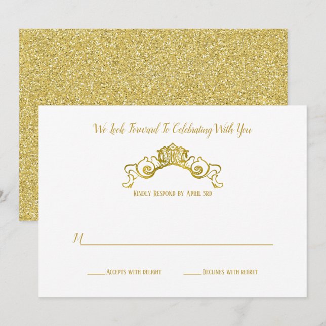 Invitation Élégante Gold Royal Crest Réponse Mariage (Devant / Derrière)