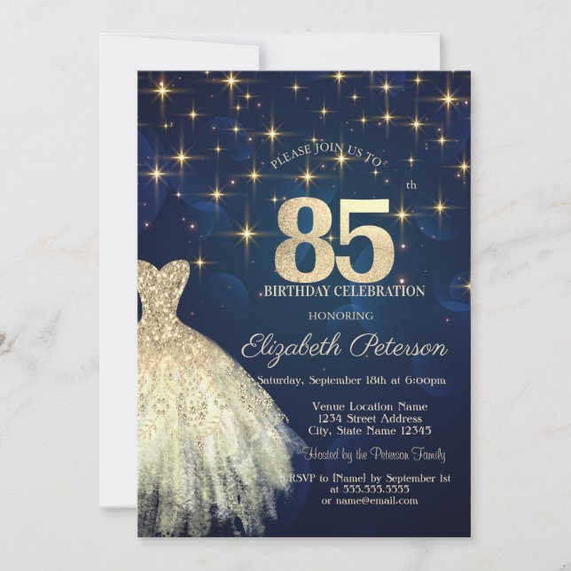 Invitation Elégante Gold Stars habiller Marine bleu 85e anniv (Devant)