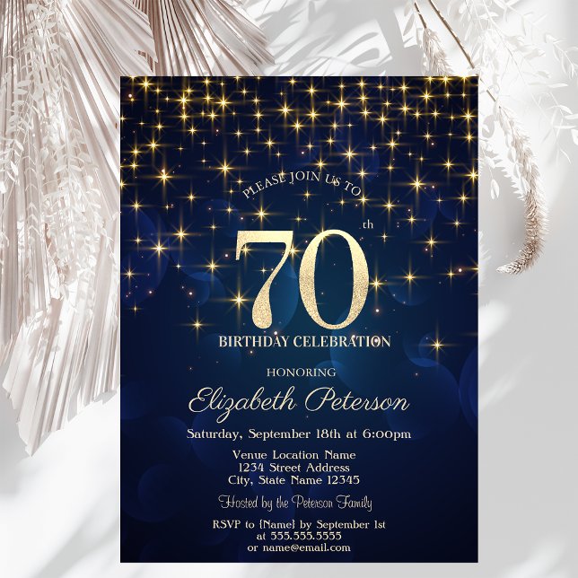 Invitation Elégante Gold Stars Marine Blue 70e anniversaire f (Créateur téléchargé)