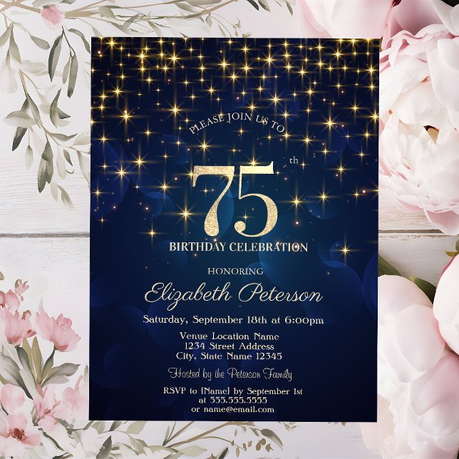 Invitation Elégante Gold Stars Marine Blue 75e anniversaire f (Créateur téléchargé)