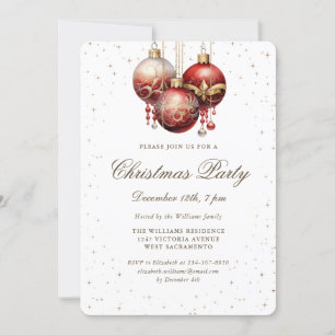 Invitation Elégante Gold Stars Rouge Ornements Noël