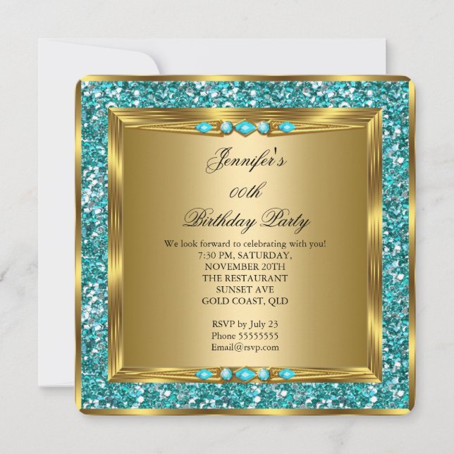 Invitation Elégante Gold Turquoise Blue Faux Parties scintill (Devant)
