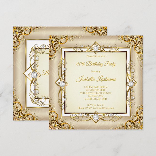 Invitation Elégante Gold White Beige Pearl Anniversaire (Devant / Derrière)