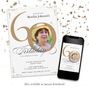 Invitation Elégante Gold White Calligraphie Photo 60e anniver