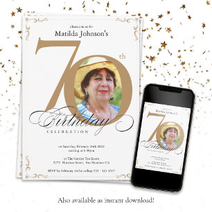 Invitation Elégante Gold White Calligraphie Photo 70e anniver