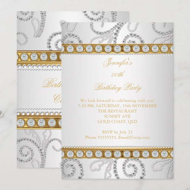 Invitation Elégante Gold White Diamond Pearl fête d'anniversa (Devant / Derrière)