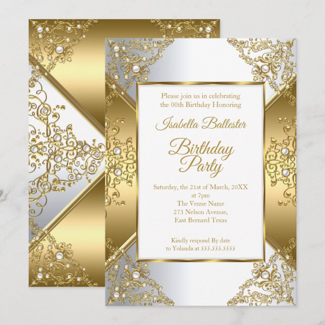Invitation Elégante Gold White Pearl Argent fête d'anniversai (Devant / Derrière)