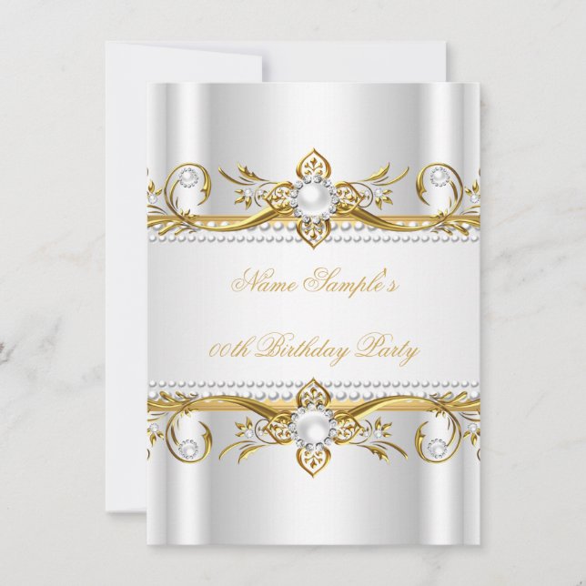 Invitation Elégante Gold White Pearl Soie fête d'anniversaire (Devant)