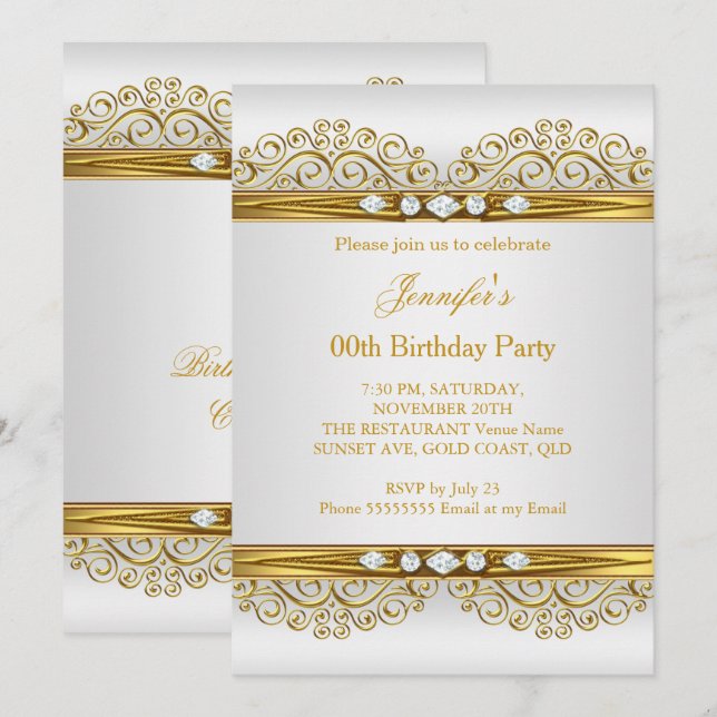 Invitation Elégante Gold White Silver Diamond Anniversaire Pa (Devant / Derrière)