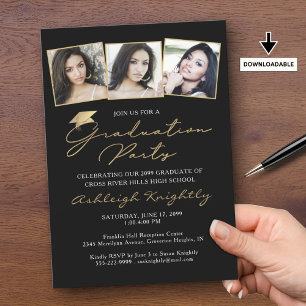 Invitation Élégante graduation 3 Photos Black Gold Script Cas