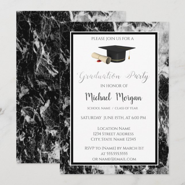 Invitation Élégante Graduation Cap Marble Graduation Party (Devant / Derrière)