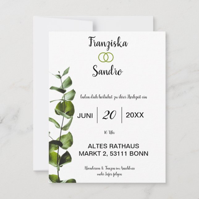 Invitation Elegante Hochzeitseinladung mit Grünen Blättern - (Devant)