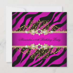 Invitation Elégante Hot Pink Gold Black Zebra fête d'annivers