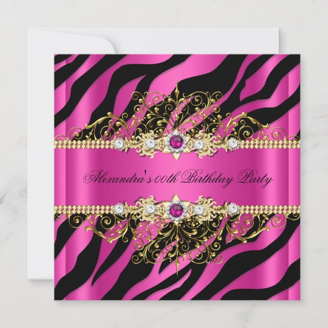 Invitation Elégante Hot Pink Gold Black Zebra fête d'annivers (Devant)