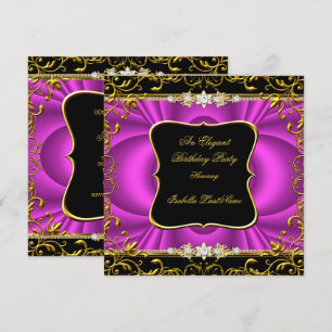Invitation Elégante Hot rose Damask Black Gold fête d'anniver