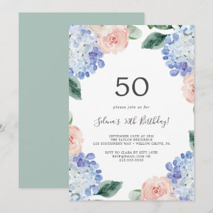 Invitation Elégante Hydrangée Bleue   White 50th Birthday Par