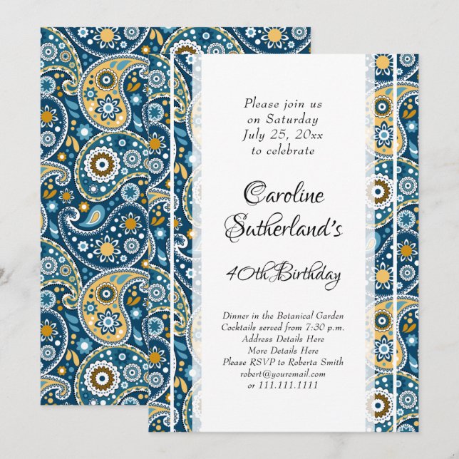 Invitation Élégante impression turquoise paisley fête d'anniv (Devant / Derrière)