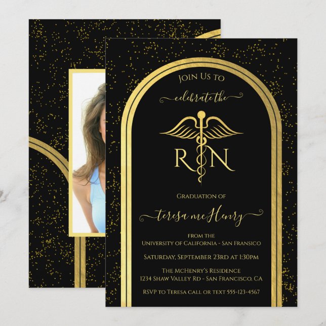 Invitation Élégante infirmière Médicale fête de graduation Or (Devant / Derrière)