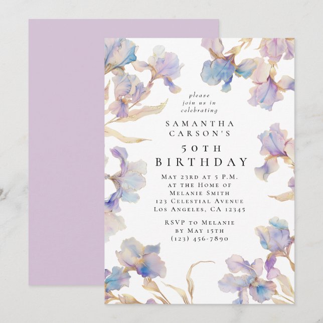 Invitation Elégante Iris Floral Aquarelle fête d'anniversaire (Devant / Derrière)