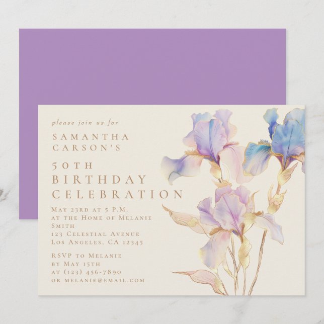 Invitation Elégante Iris Floral Aquarelle fête d'anniversaire (Devant / Derrière)