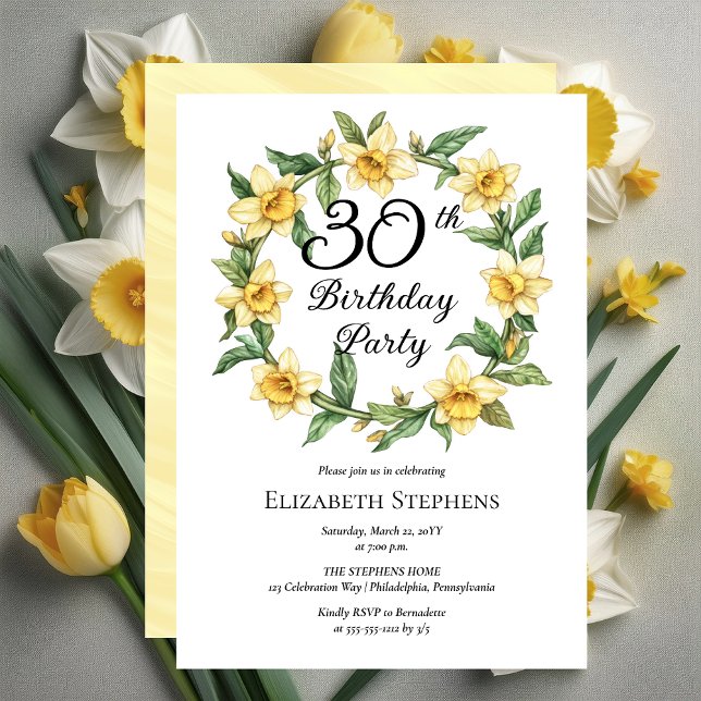 Invitation Élégante jonquille jaune 30e anniversaire floral (Elegant Yellow Daffodils Floral 30th Birthday Party Invitation -- Print | Download)
